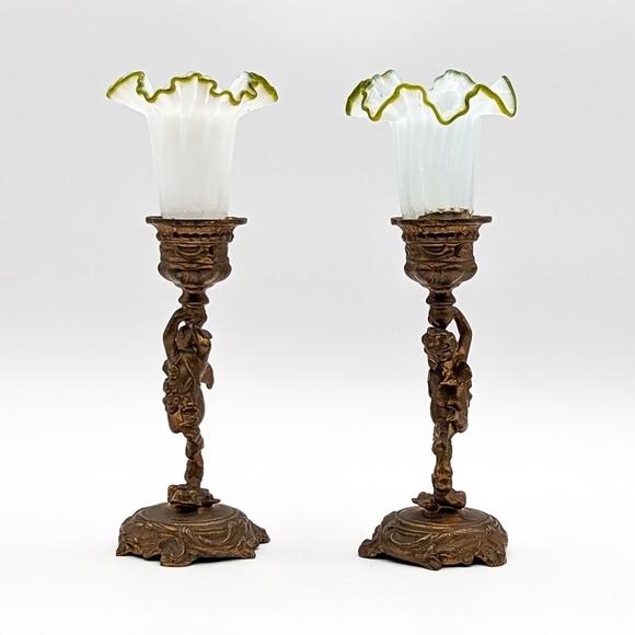 Antique Cherub Candle Holders Gilt Bronze w Hand Blown Ruffled Glass Green Rim - Picture 6 of 13